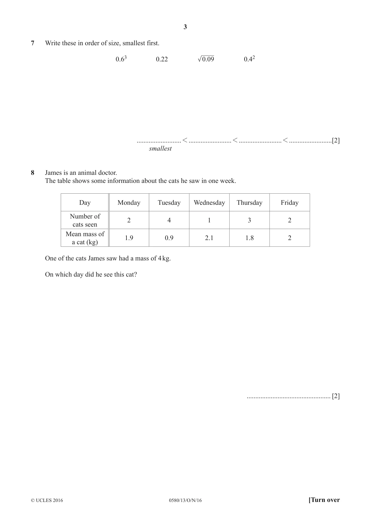 Cambridge IGCSE Mathematics 0580 2016 Oct/Nov Paper 1 · Variant 3 question paper, page 3 of 12