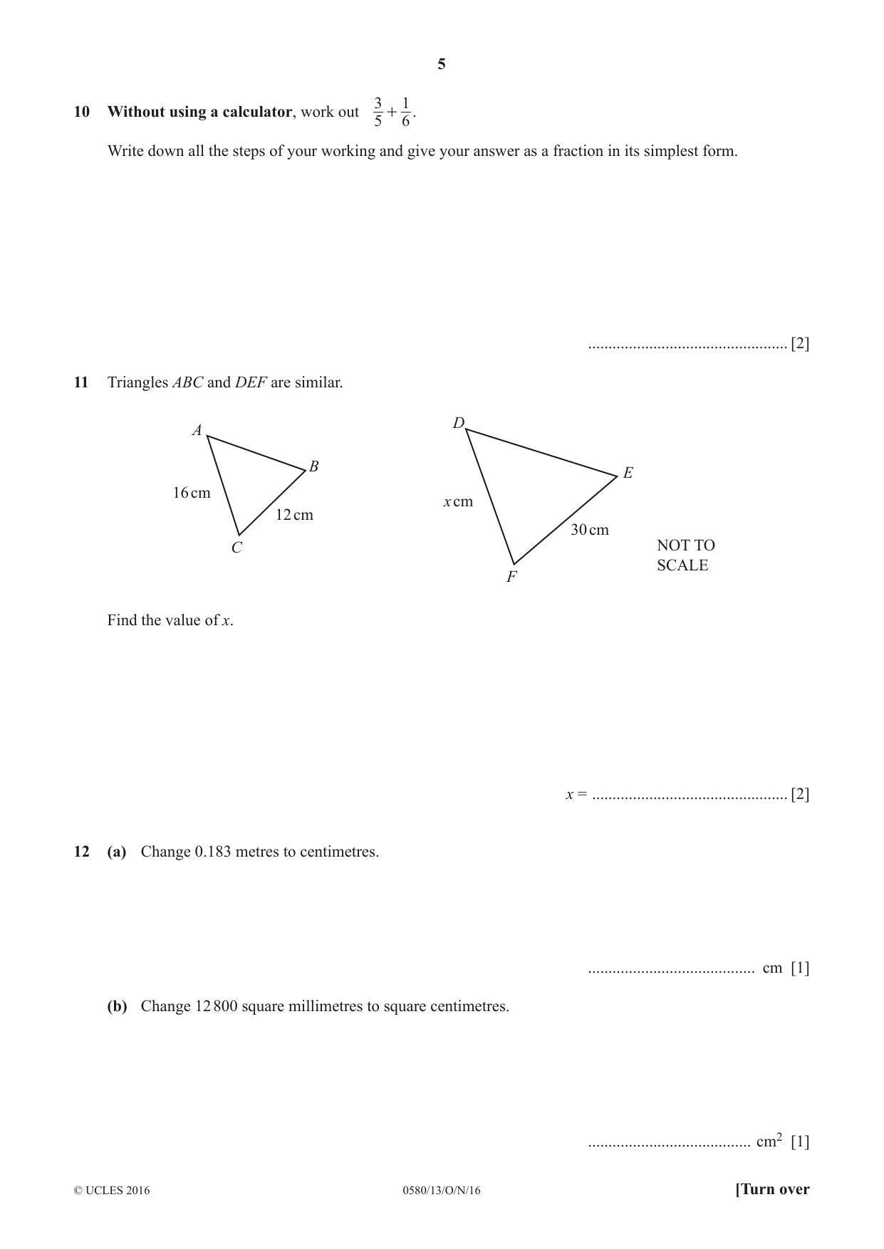 Cambridge IGCSE Mathematics 0580 2016 Oct/Nov Paper 1 · Variant 3 question paper, page 5 of 12