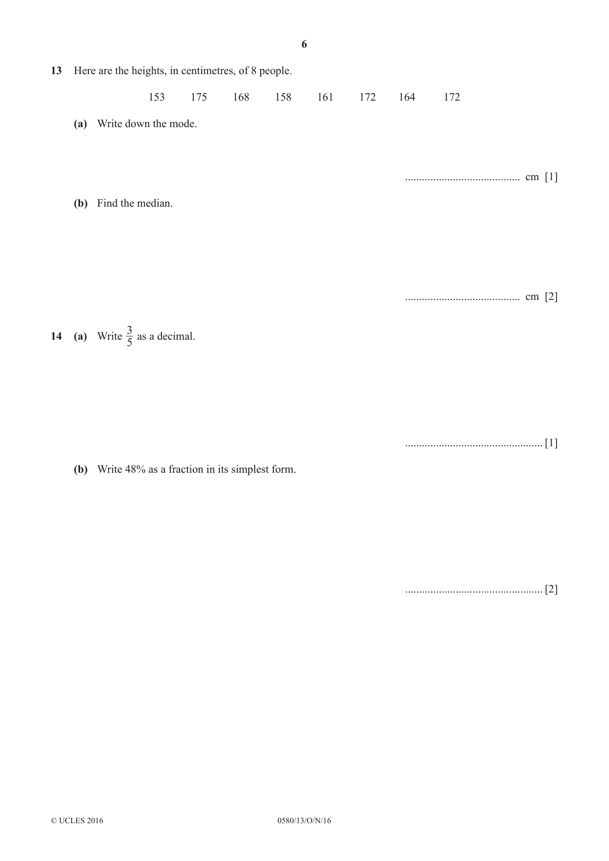 Cambridge IGCSE Mathematics 0580 2016 Oct/Nov Paper 1 · Variant 3 question paper, page 6 of 12