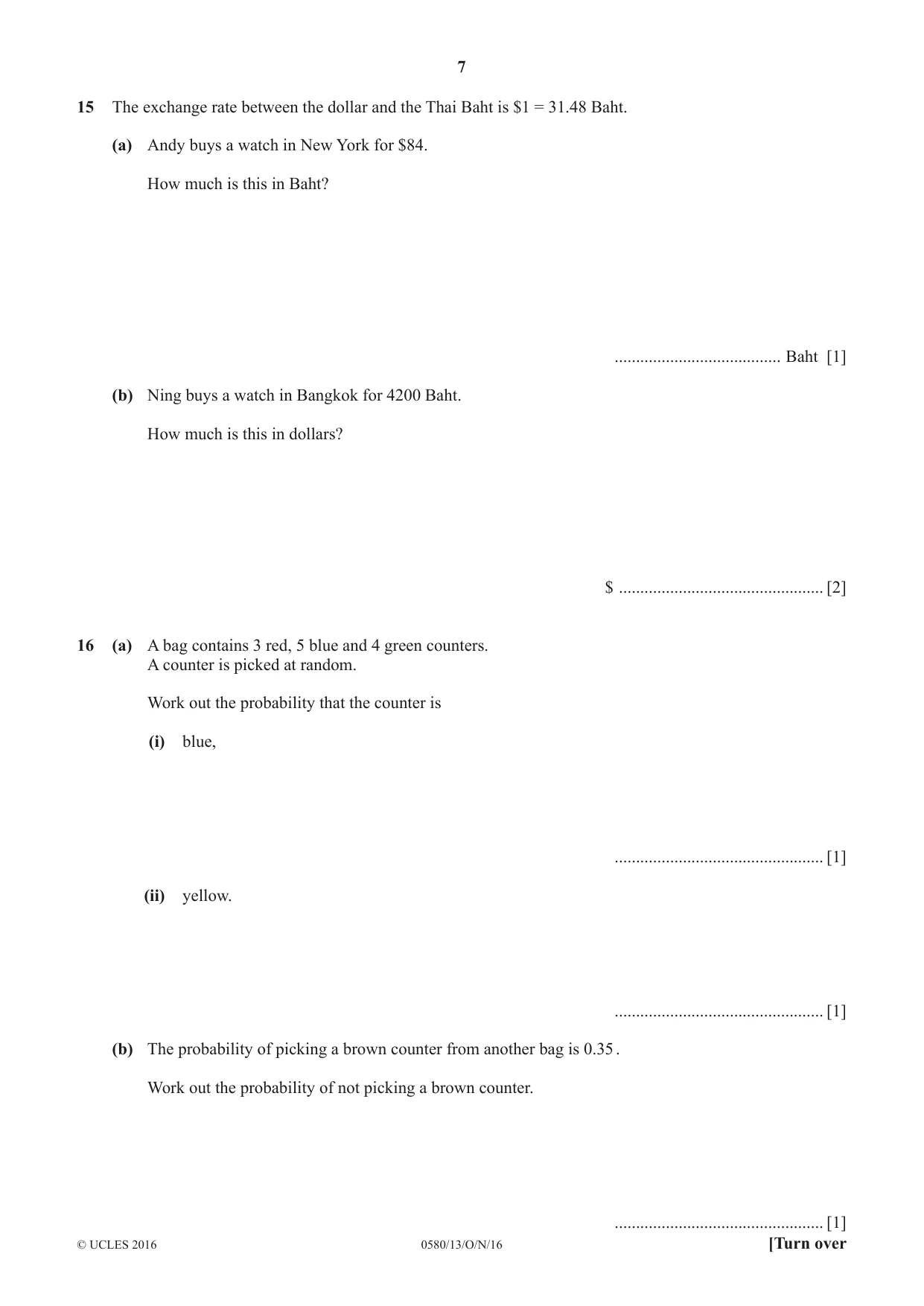 Cambridge IGCSE Mathematics 0580 2016 Oct/Nov Paper 1 · Variant 3 question paper, page 7 of 12