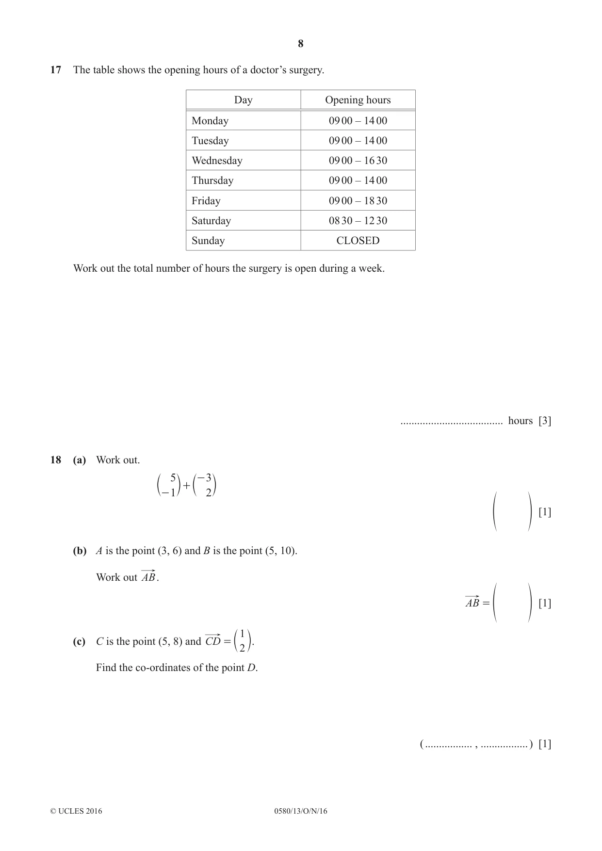 Cambridge IGCSE Mathematics 0580 2016 Oct/Nov Paper 1 · Variant 3 question paper, page 8 of 12