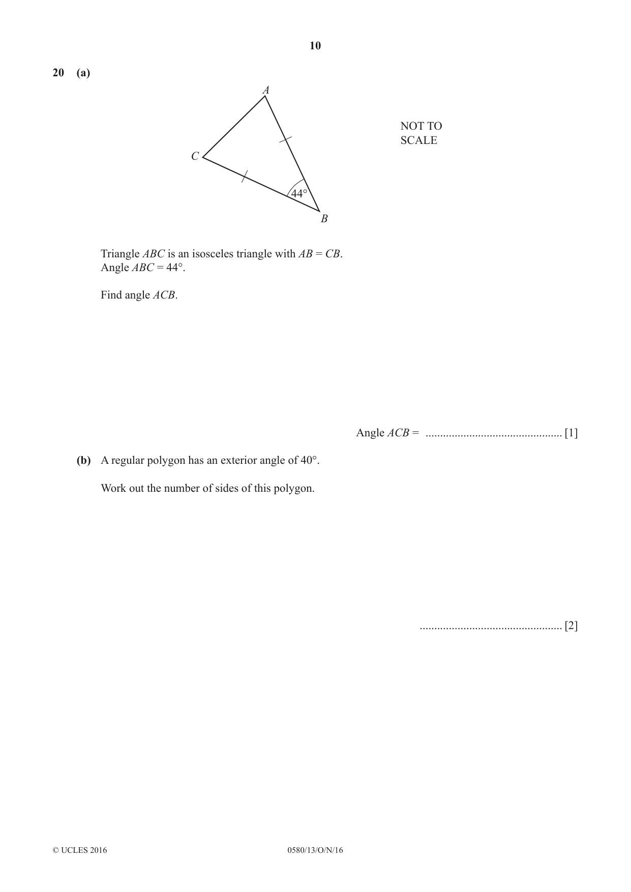 Cambridge IGCSE Mathematics 0580 2016 Oct/Nov Paper 1 · Variant 3 question paper, page 10 of 12