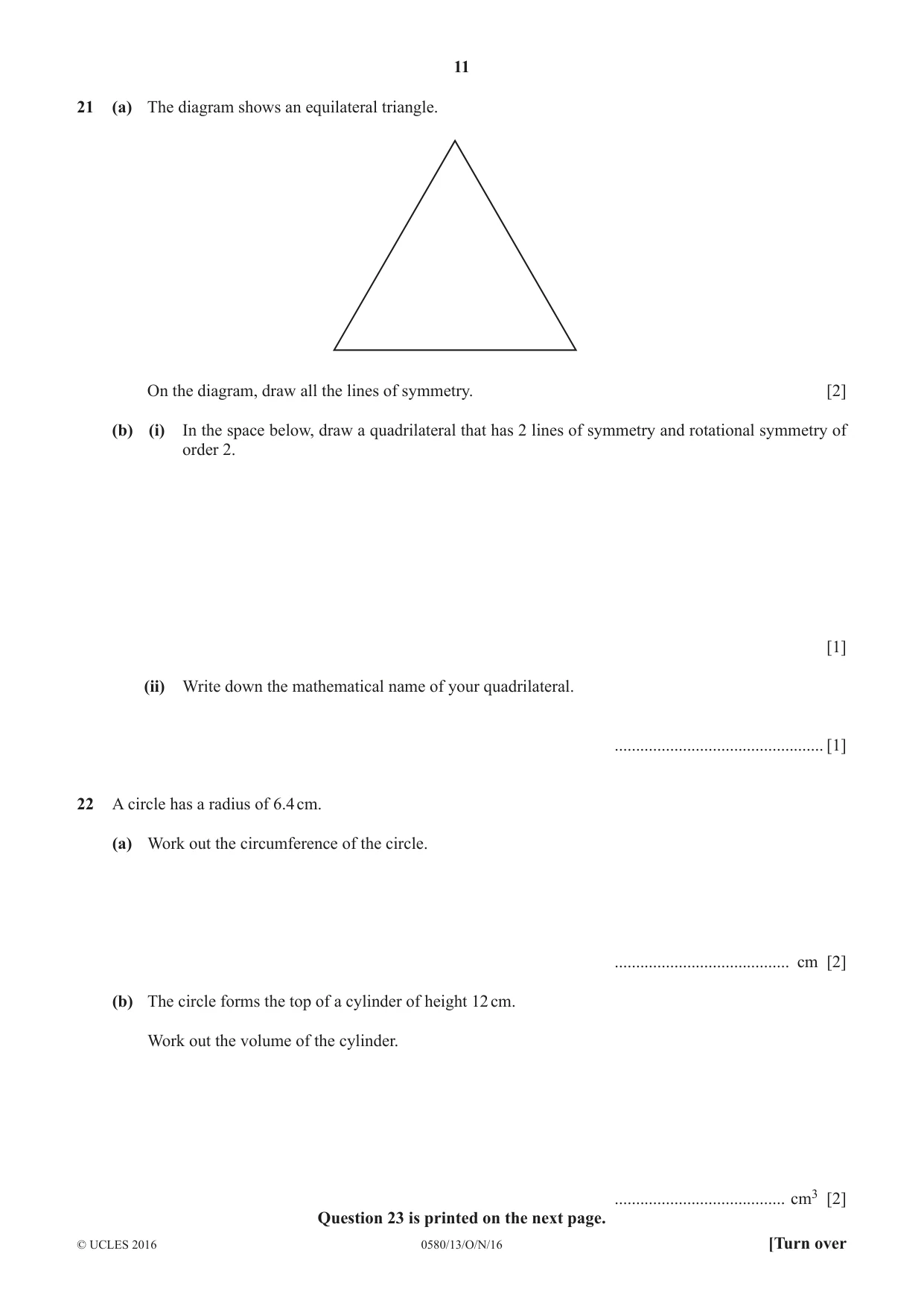 Cambridge IGCSE Mathematics 0580 2016 Oct/Nov Paper 1 · Variant 3 question paper, page 11 of 12