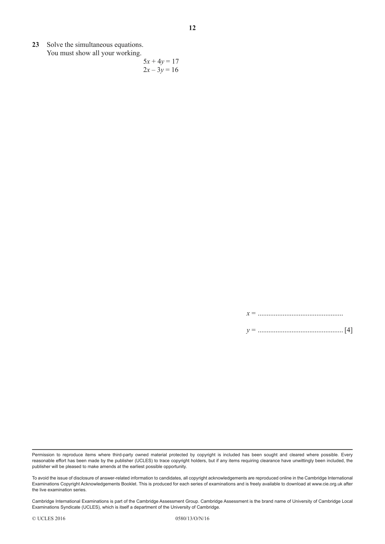 Cambridge IGCSE Mathematics 0580 2016 Oct/Nov Paper 1 · Variant 3 question paper, page 12 of 12