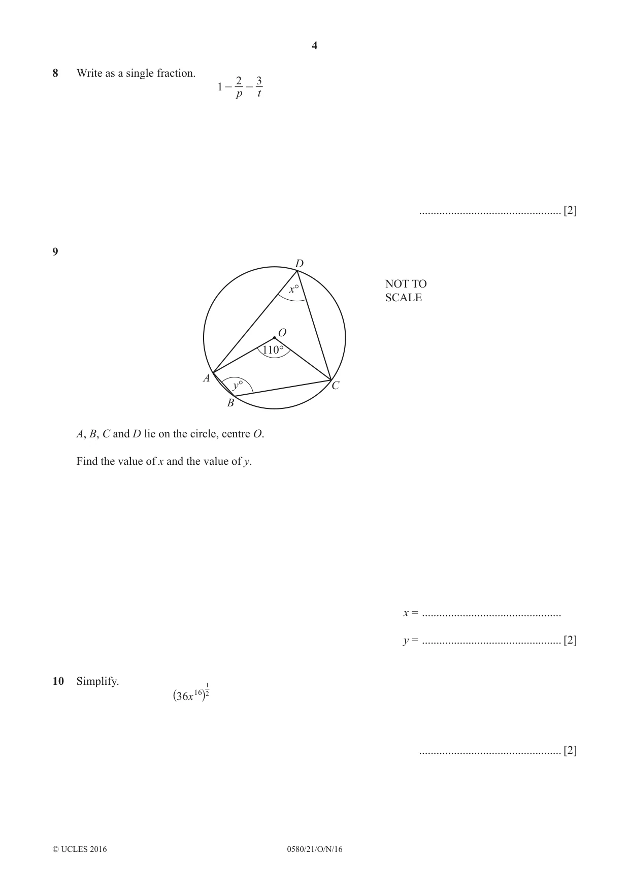 Cambridge IGCSE Mathematics 0580 2016 Oct/Nov Paper 2 · Variant 1 question paper, page 4 of 12