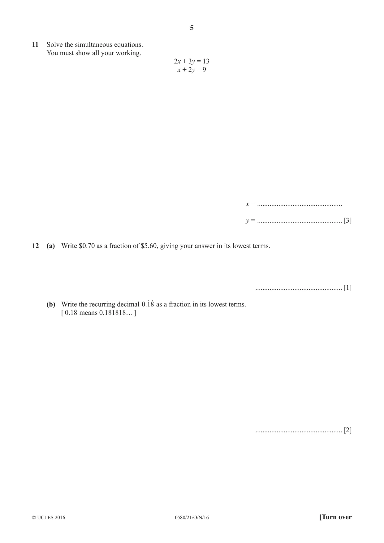 Cambridge IGCSE Mathematics 0580 2016 Oct/Nov Paper 2 · Variant 1 question paper, page 5 of 12