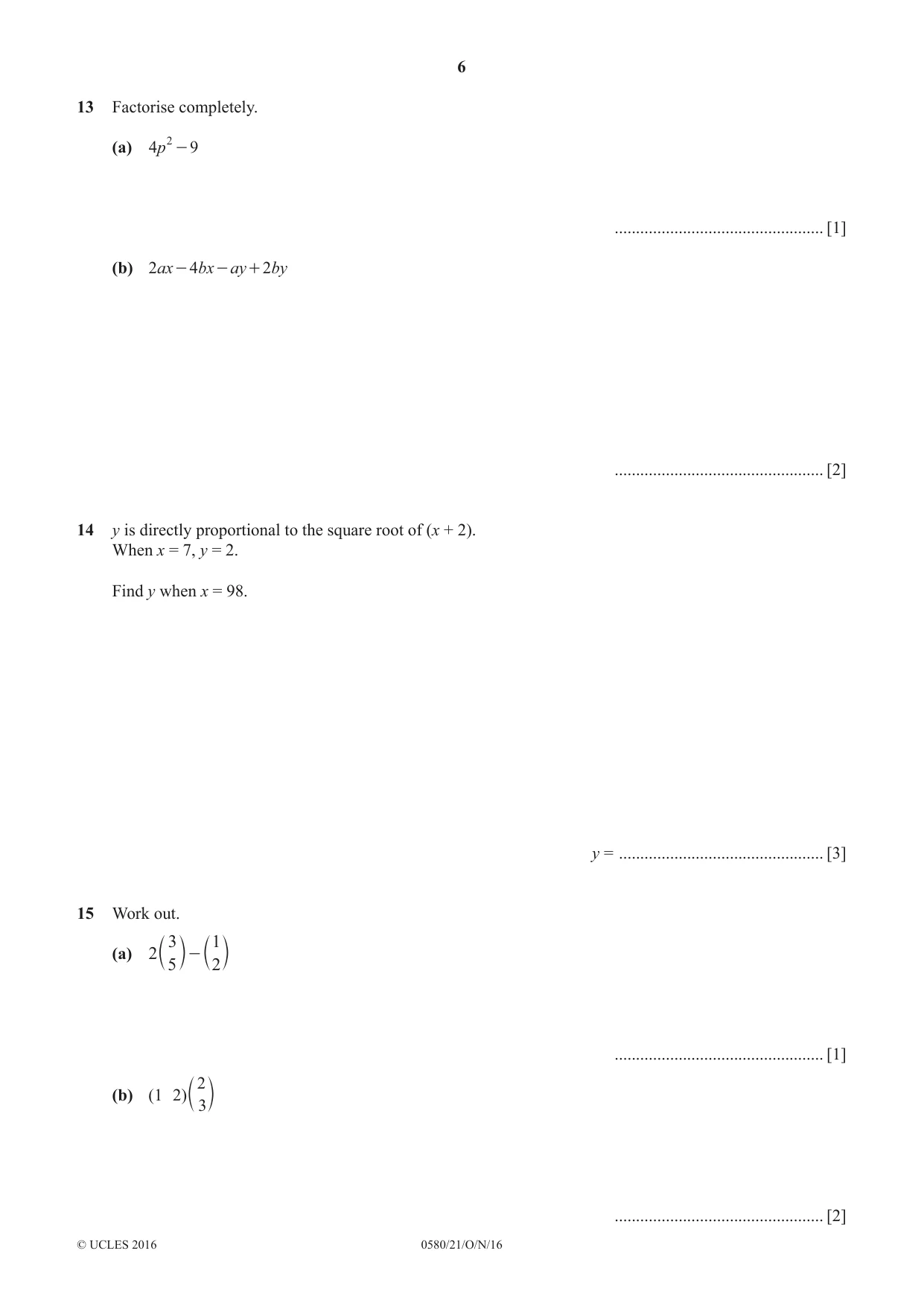 Cambridge IGCSE Mathematics 0580 2016 Oct/Nov Paper 2 · Variant 1 question paper, page 6 of 12