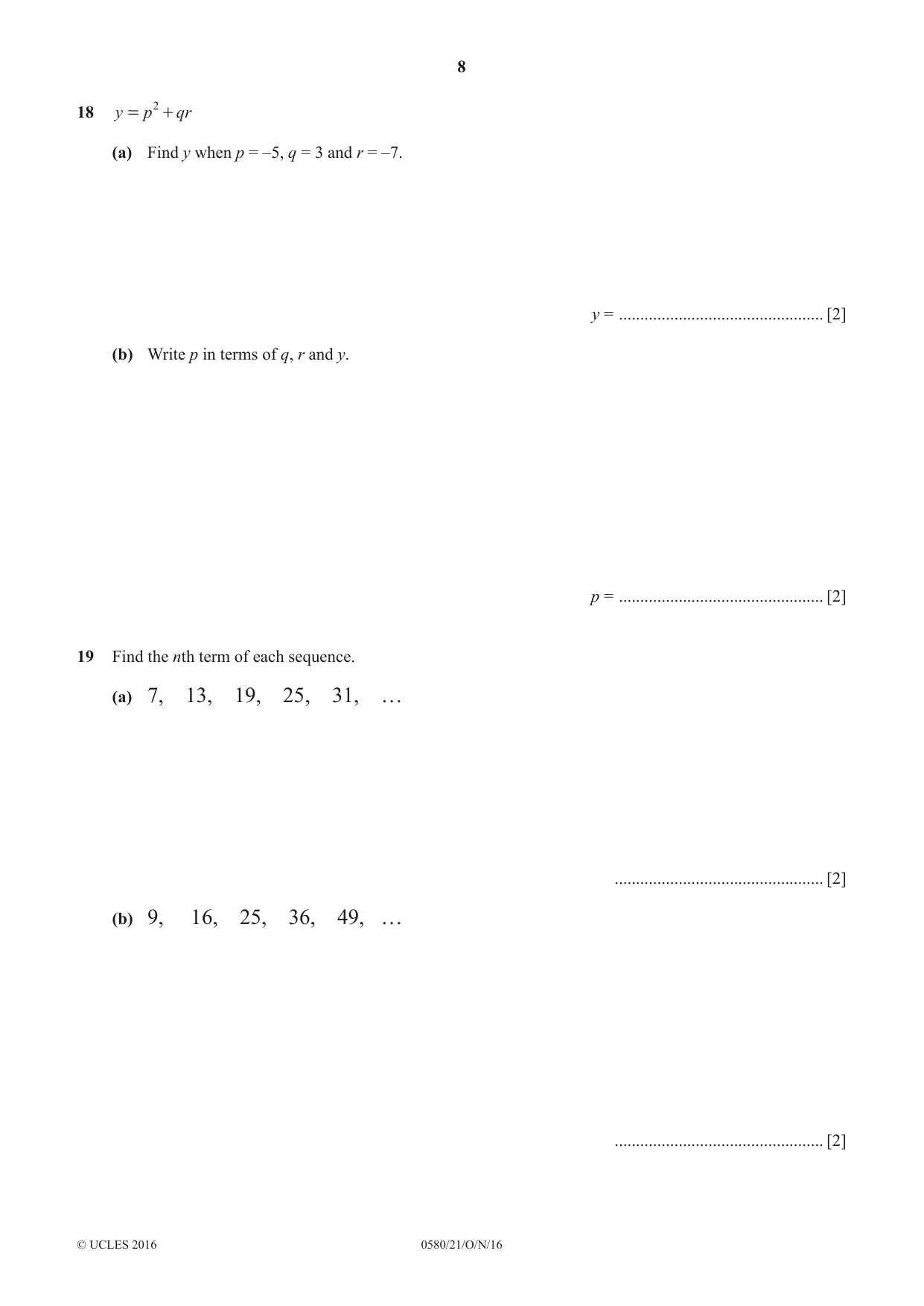 Cambridge IGCSE Mathematics 0580 2016 Oct/Nov Paper 2 · Variant 1 question paper, page 8 of 12