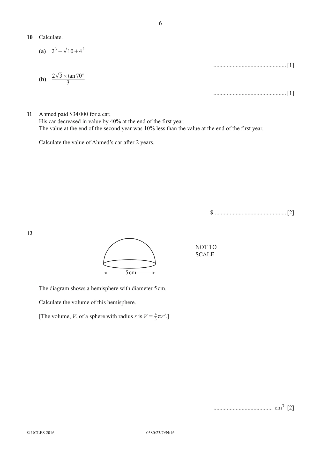 Cambridge IGCSE Mathematics 0580 2016 Oct/Nov Paper 2 · Variant 3 question paper, page 6 of 16
