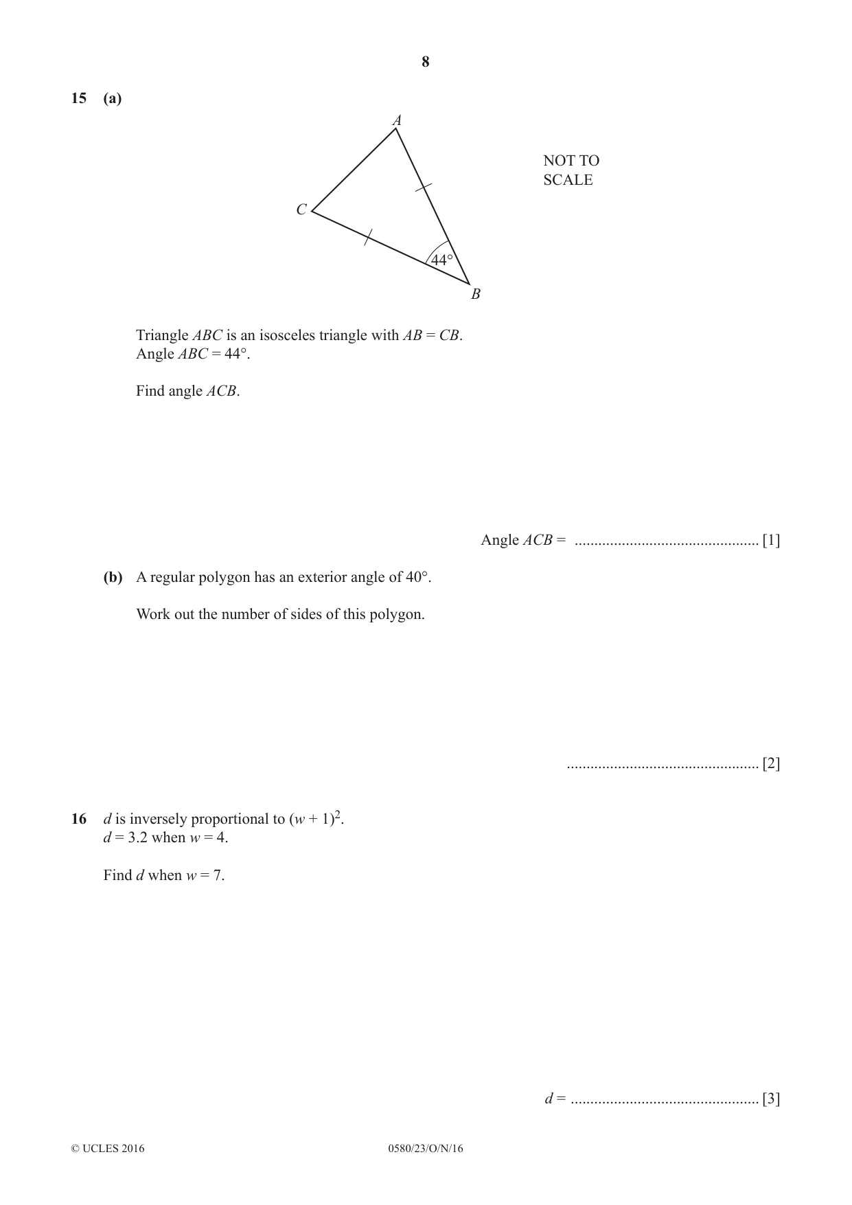 Cambridge IGCSE Mathematics 0580 2016 Oct/Nov Paper 2 · Variant 3 question paper, page 8 of 16