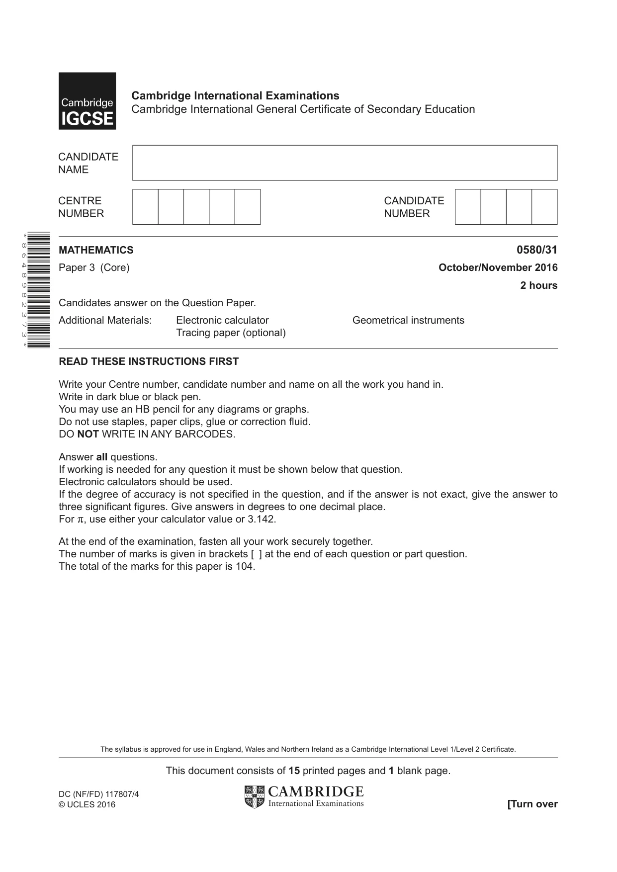 Cambridge IGCSE Mathematics 0580 2016 Oct/Nov Paper 3 · Variant 1 question paper, page 1 of 16
