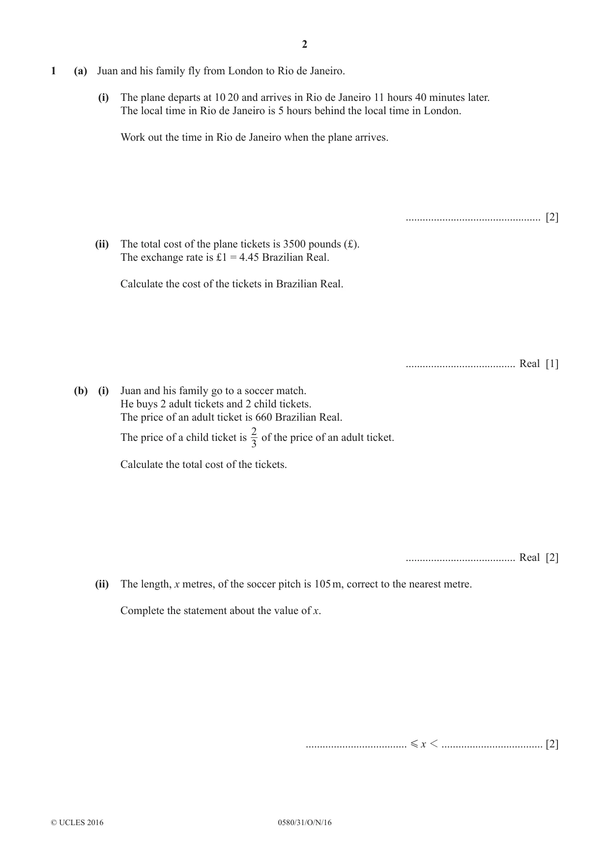 Cambridge IGCSE Mathematics 0580 2016 Oct/Nov Paper 3 · Variant 1 question paper, page 2 of 16