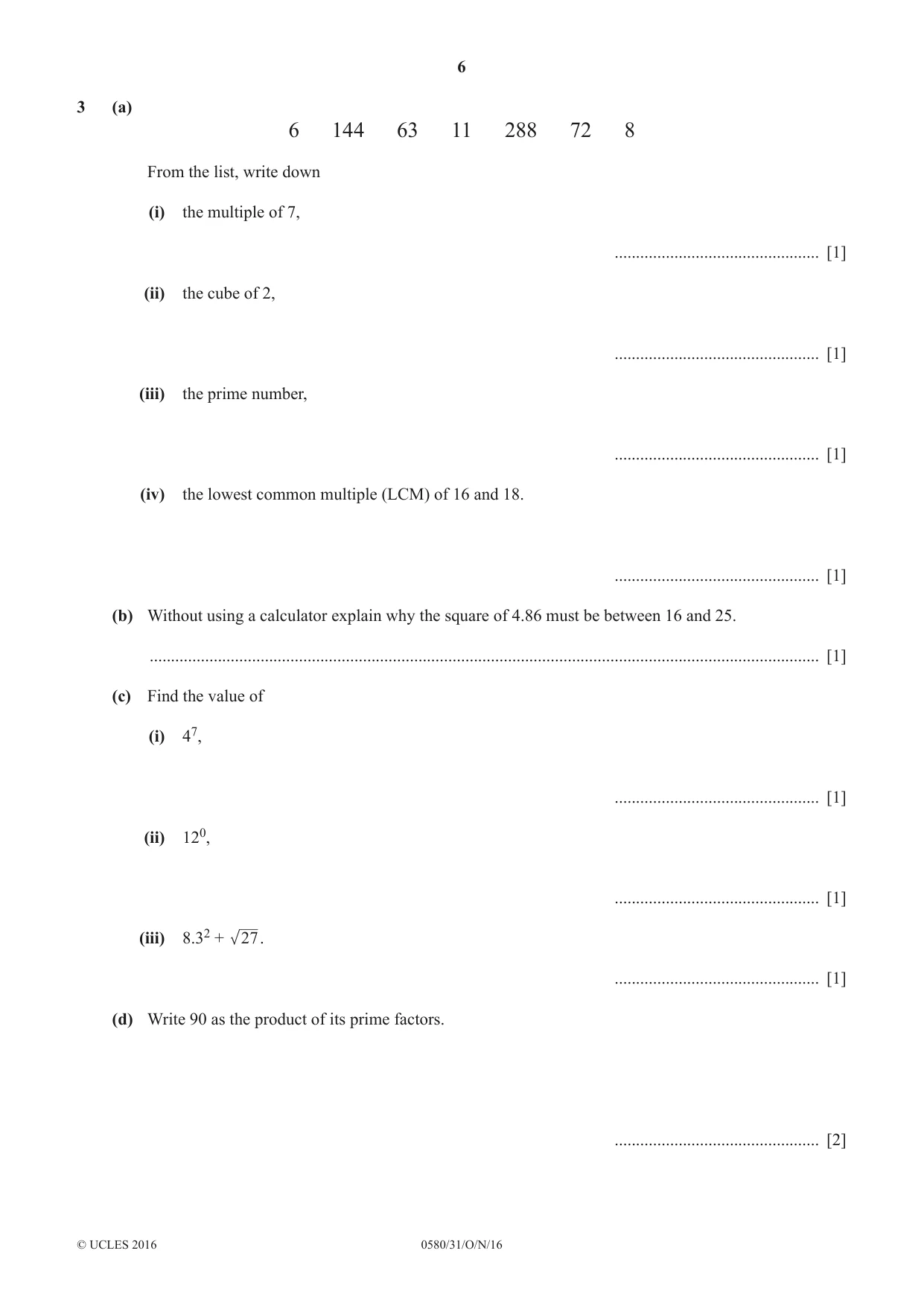 Cambridge IGCSE Mathematics 0580 2016 Oct/Nov Paper 3 · Variant 1 question paper, page 6 of 16