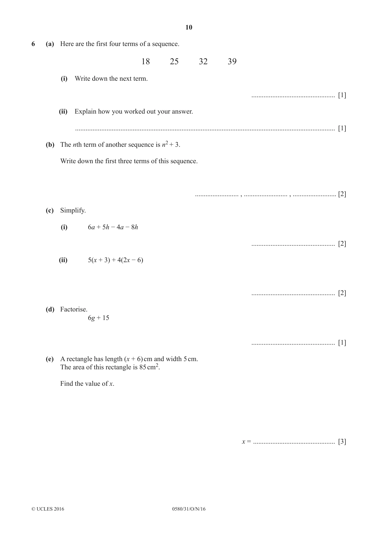 Cambridge IGCSE Mathematics 0580 2016 Oct/Nov Paper 3 · Variant 1 question paper, page 10 of 16