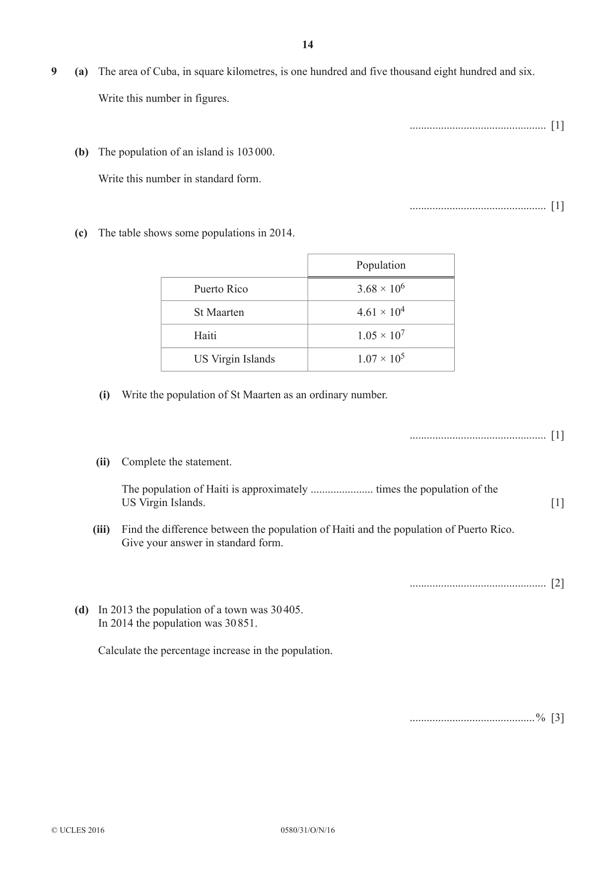 Cambridge IGCSE Mathematics 0580 2016 Oct/Nov Paper 3 · Variant 1 question paper, page 14 of 16