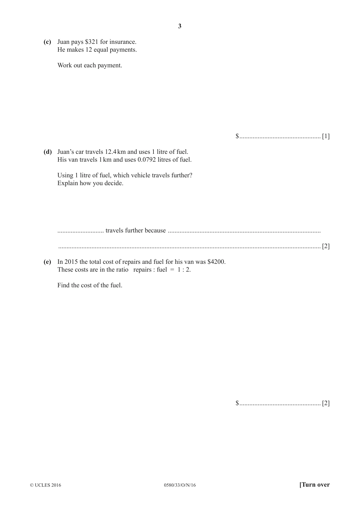 Cambridge IGCSE Mathematics 0580 2016 Oct/Nov Paper 3 · Variant 3 question paper, page 3 of 16