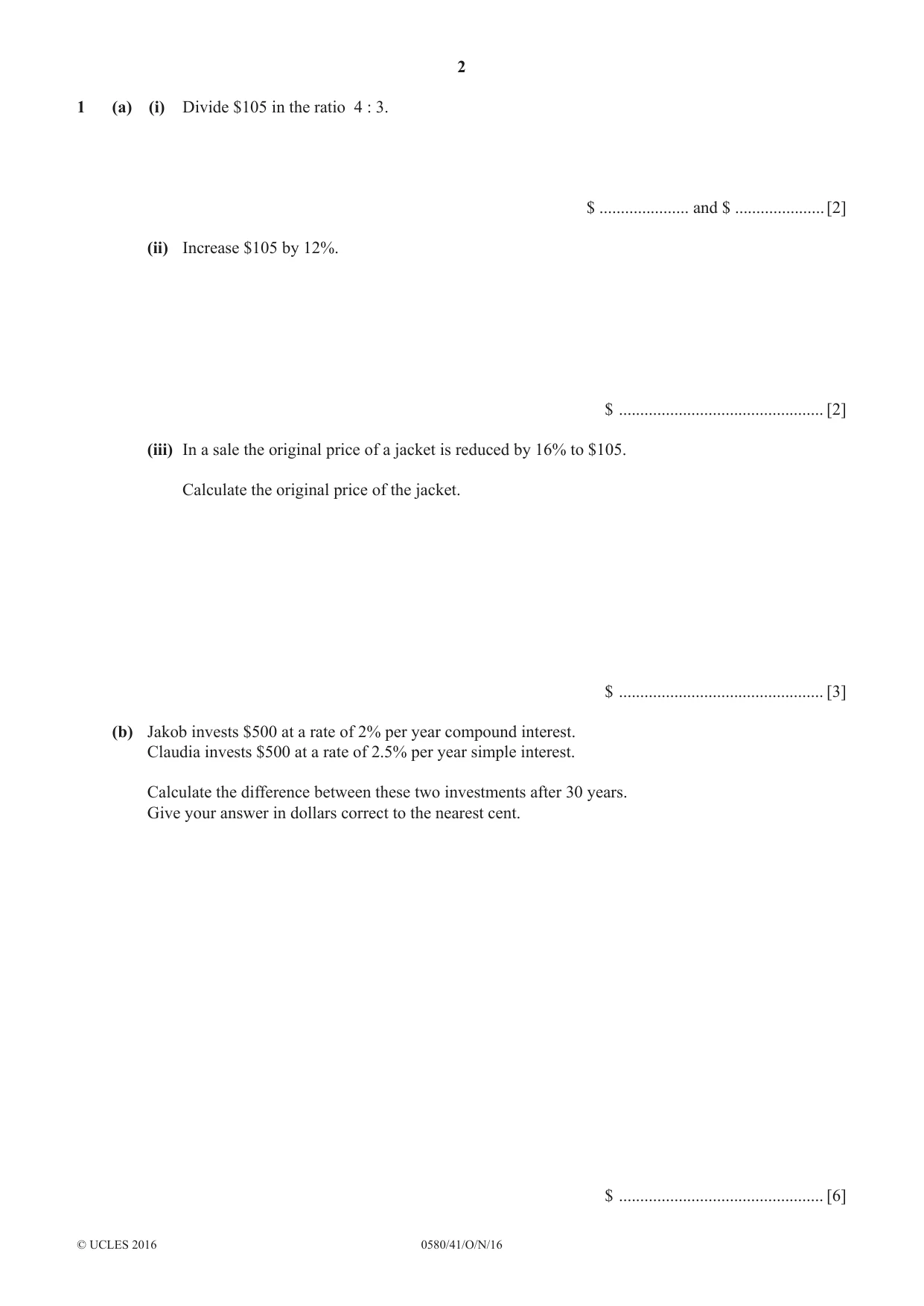Cambridge IGCSE Mathematics 0580 2016 Oct/Nov Paper 4 · Variant 1 question paper, page 2 of 20