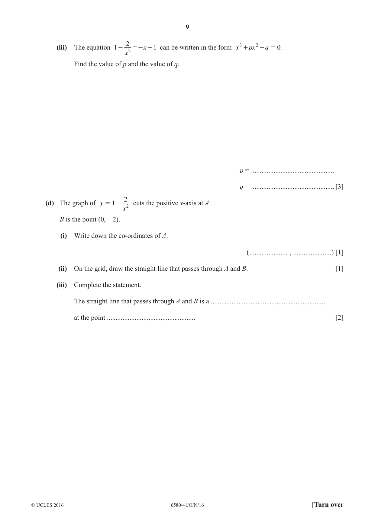 Cambridge IGCSE Mathematics 0580 2016 Oct/Nov Paper 4 · Variant 1 question paper, page 9 of 20