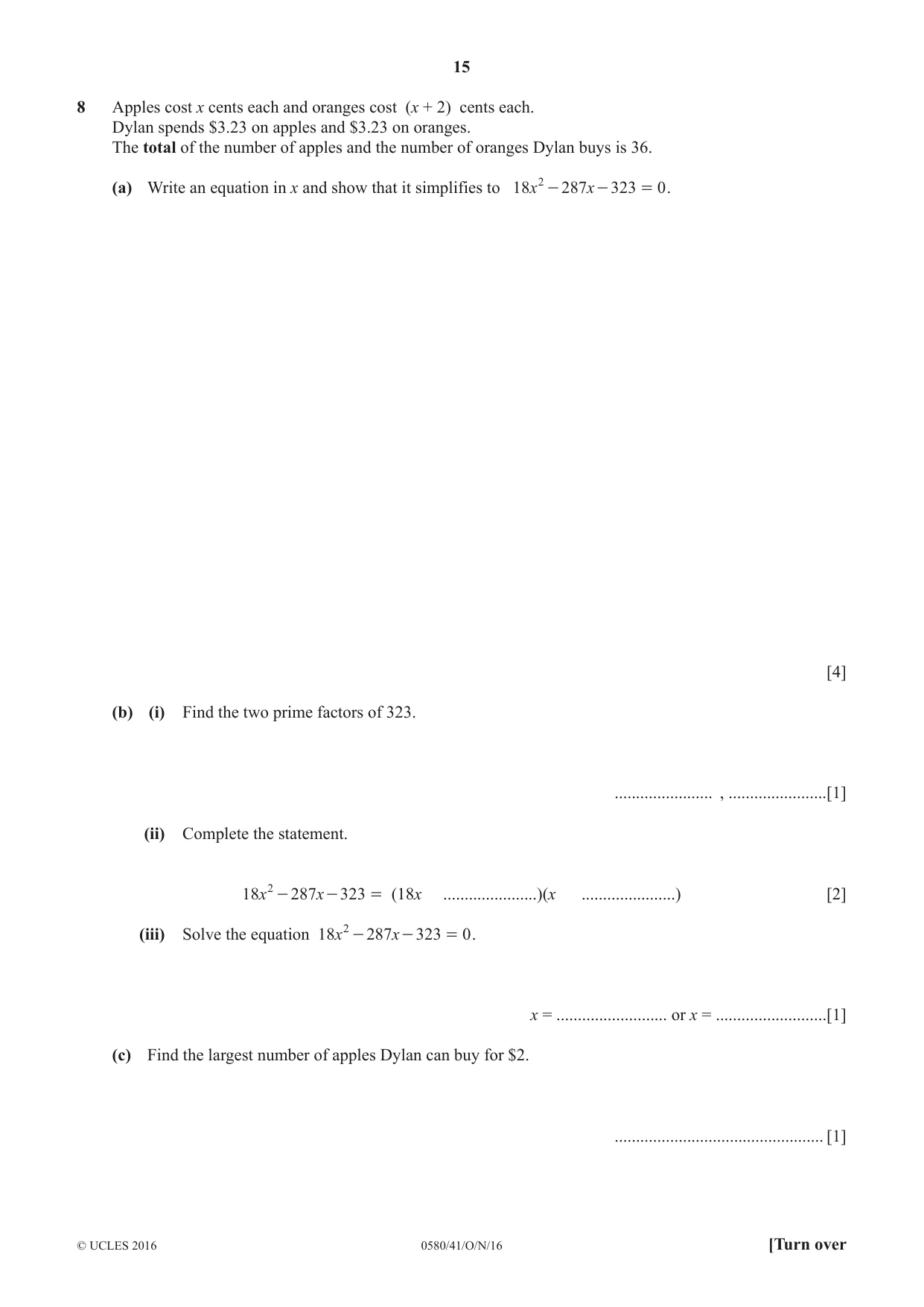 Cambridge IGCSE Mathematics 0580 2016 Oct/Nov Paper 4 · Variant 1 question paper, page 15 of 20