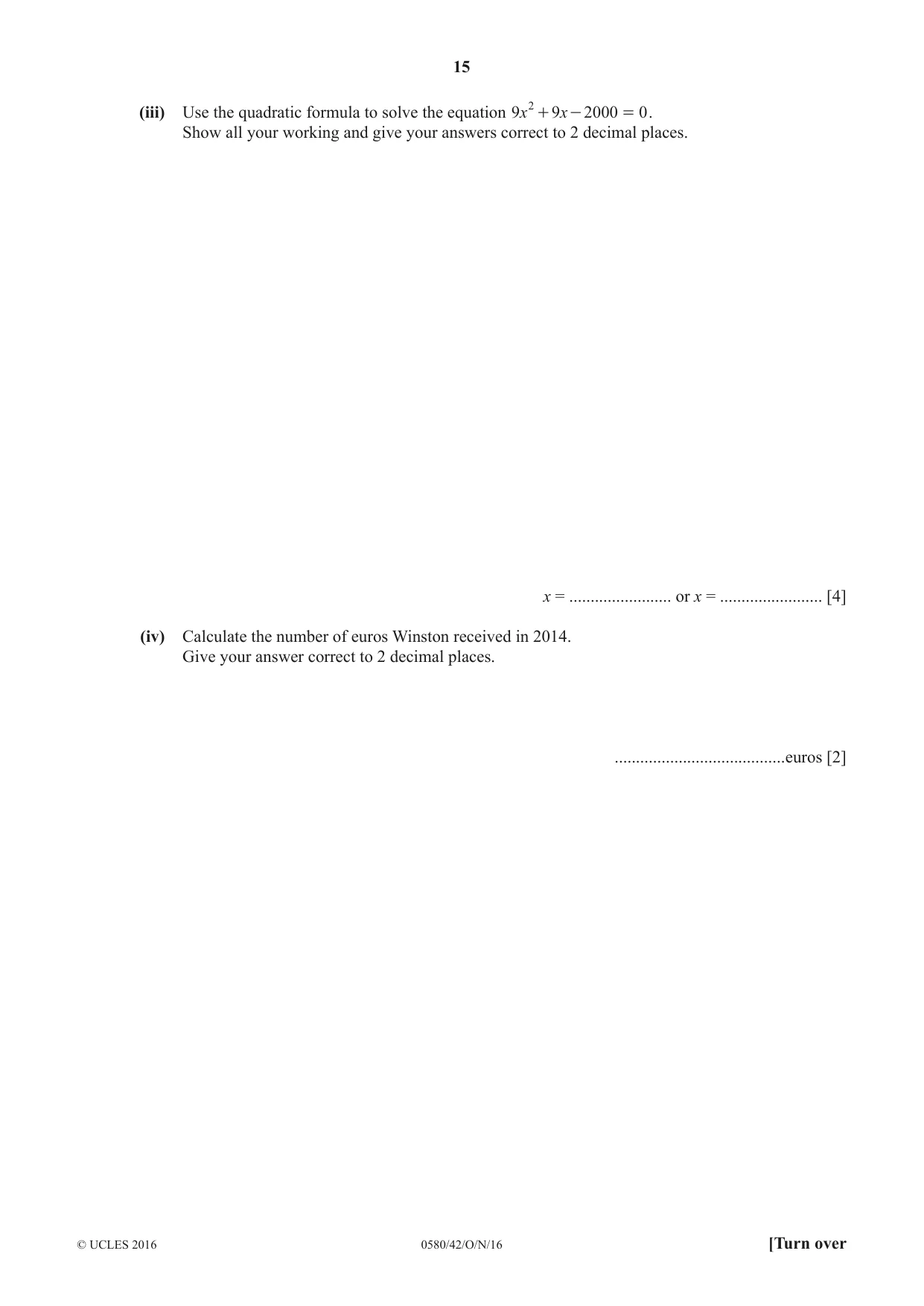 Cambridge IGCSE Mathematics 0580 2016 Oct/Nov Paper 4 · Variant 2 question paper, page 15 of 20