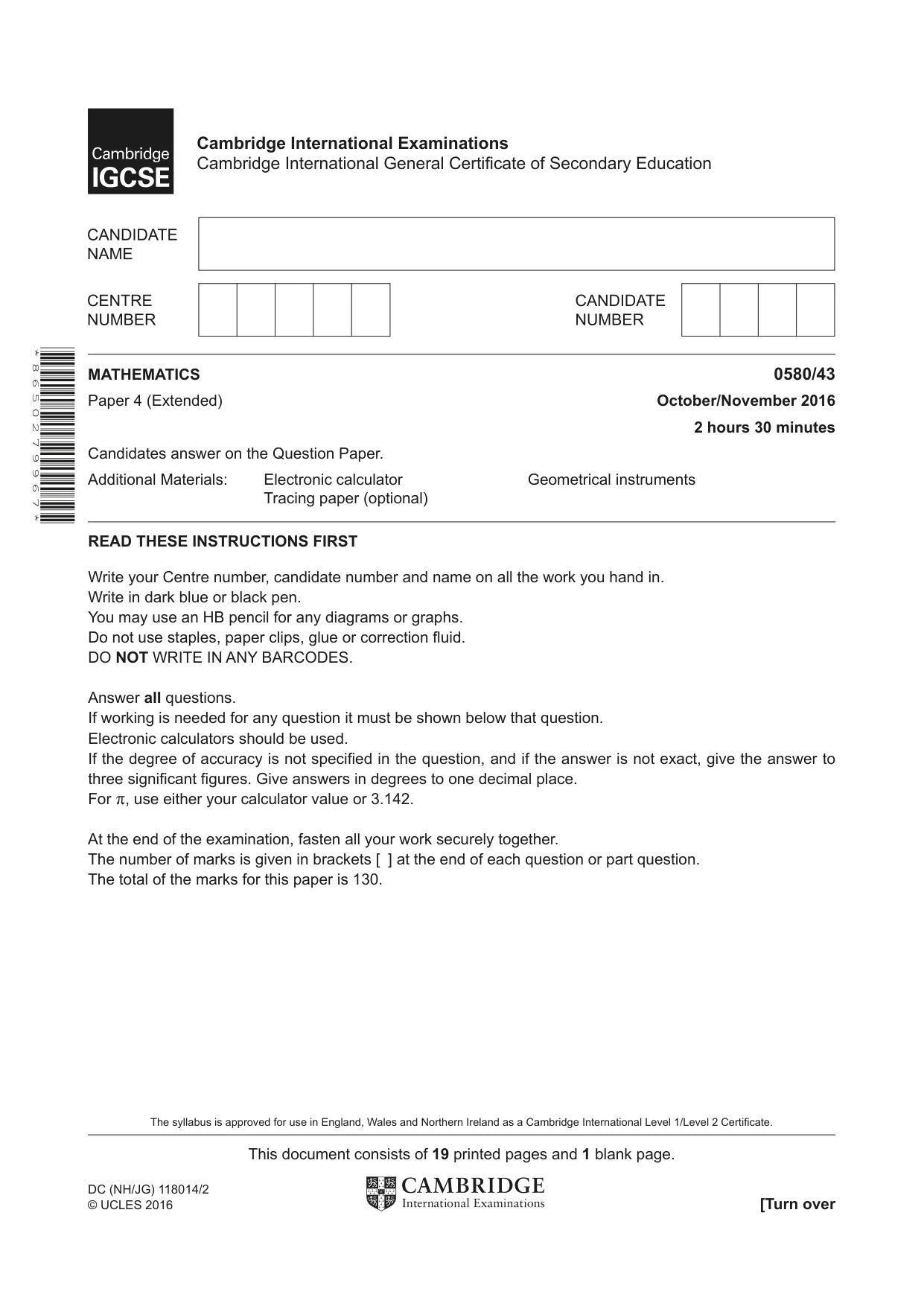 Cambridge IGCSE Mathematics 0580 2016 Oct/Nov Paper 4 · Variant 3 question paper, page 1 of 20