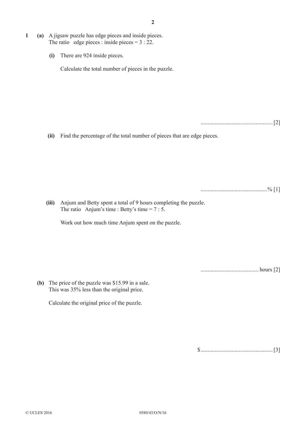 Cambridge IGCSE Mathematics 0580 2016 Oct/Nov Paper 4 · Variant 3 question paper, page 2 of 20