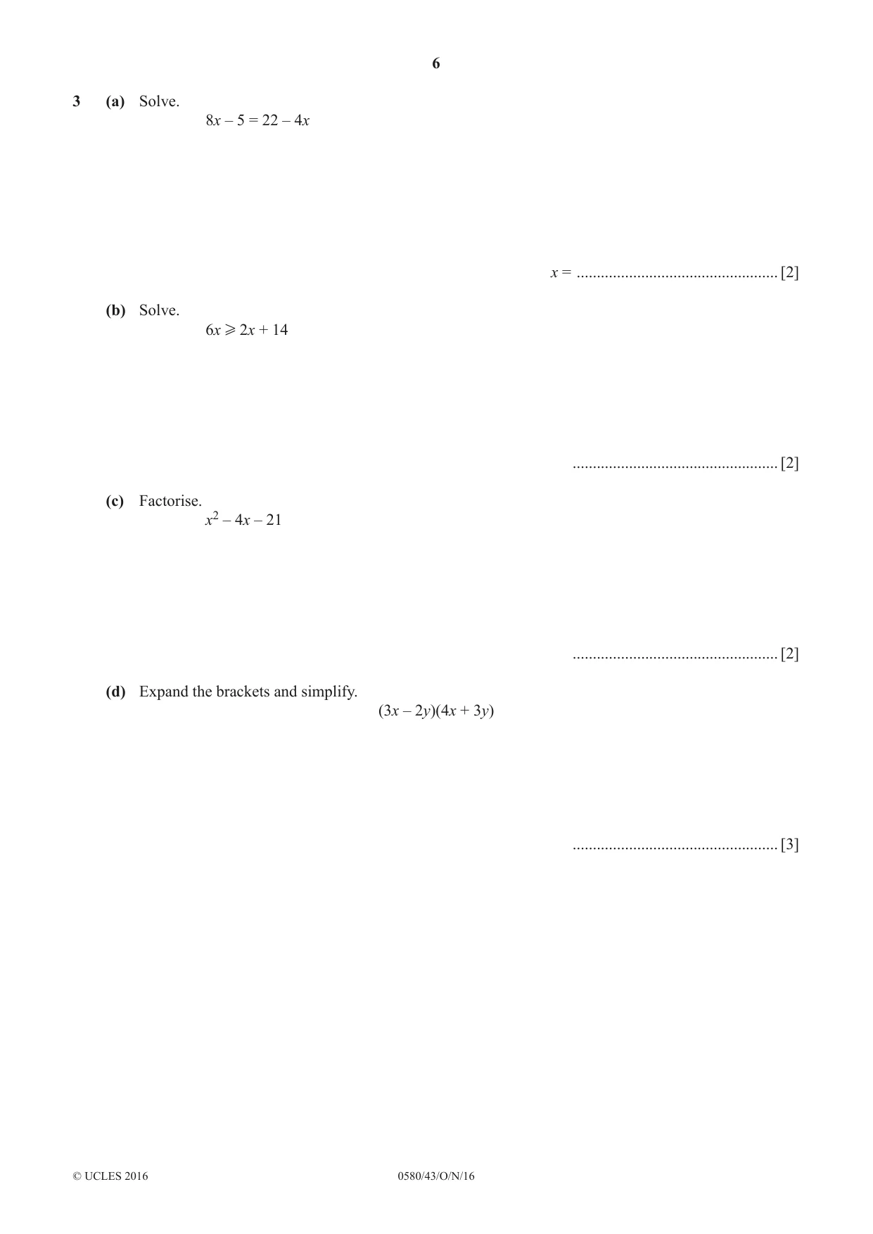 Cambridge IGCSE Mathematics 0580 2016 Oct/Nov Paper 4 · Variant 3 question paper, page 6 of 20