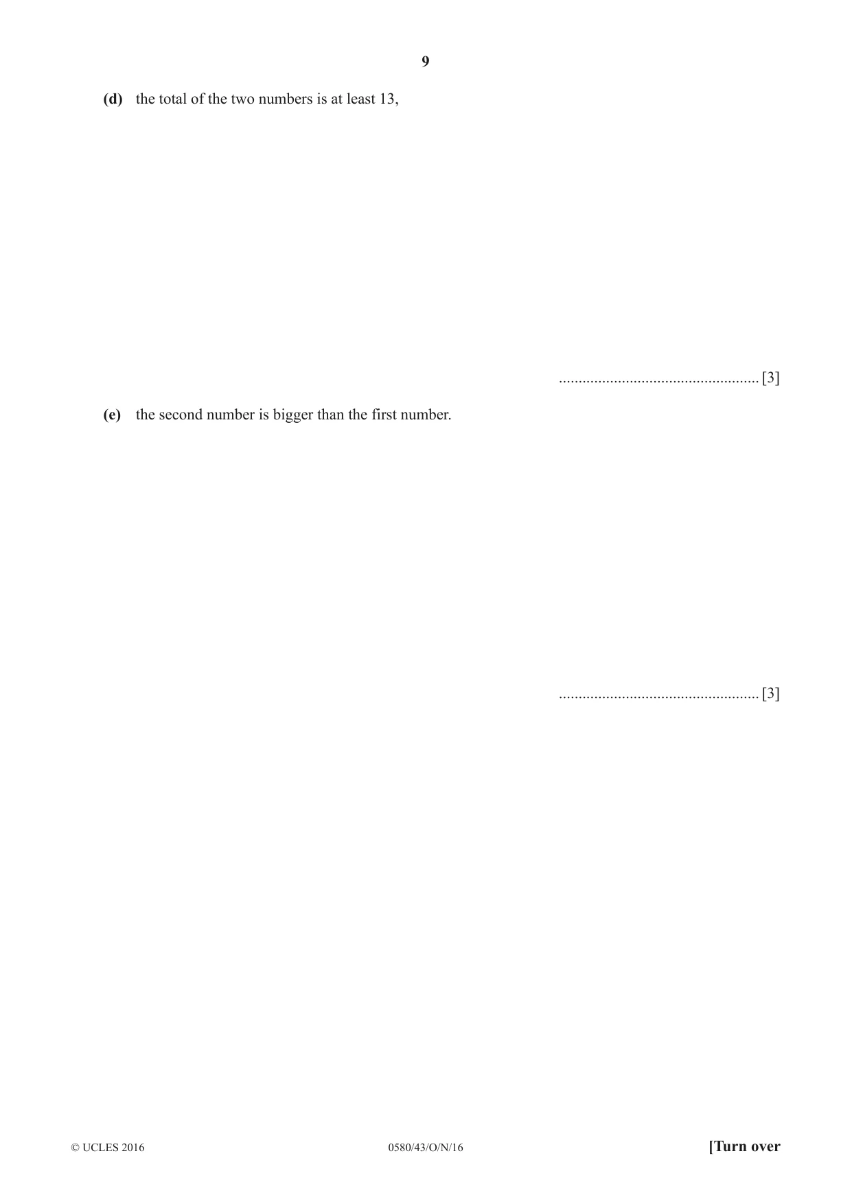Cambridge IGCSE Mathematics 0580 2016 Oct/Nov Paper 4 · Variant 3 question paper, page 9 of 20