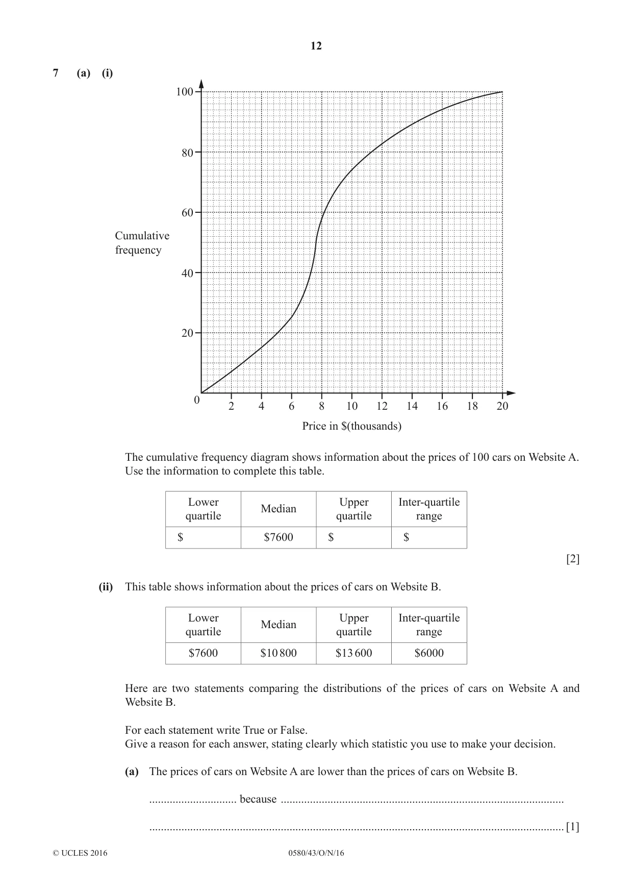 Cambridge IGCSE Mathematics 0580 2016 Oct/Nov Paper 4 · Variant 3 question paper, page 12 of 20