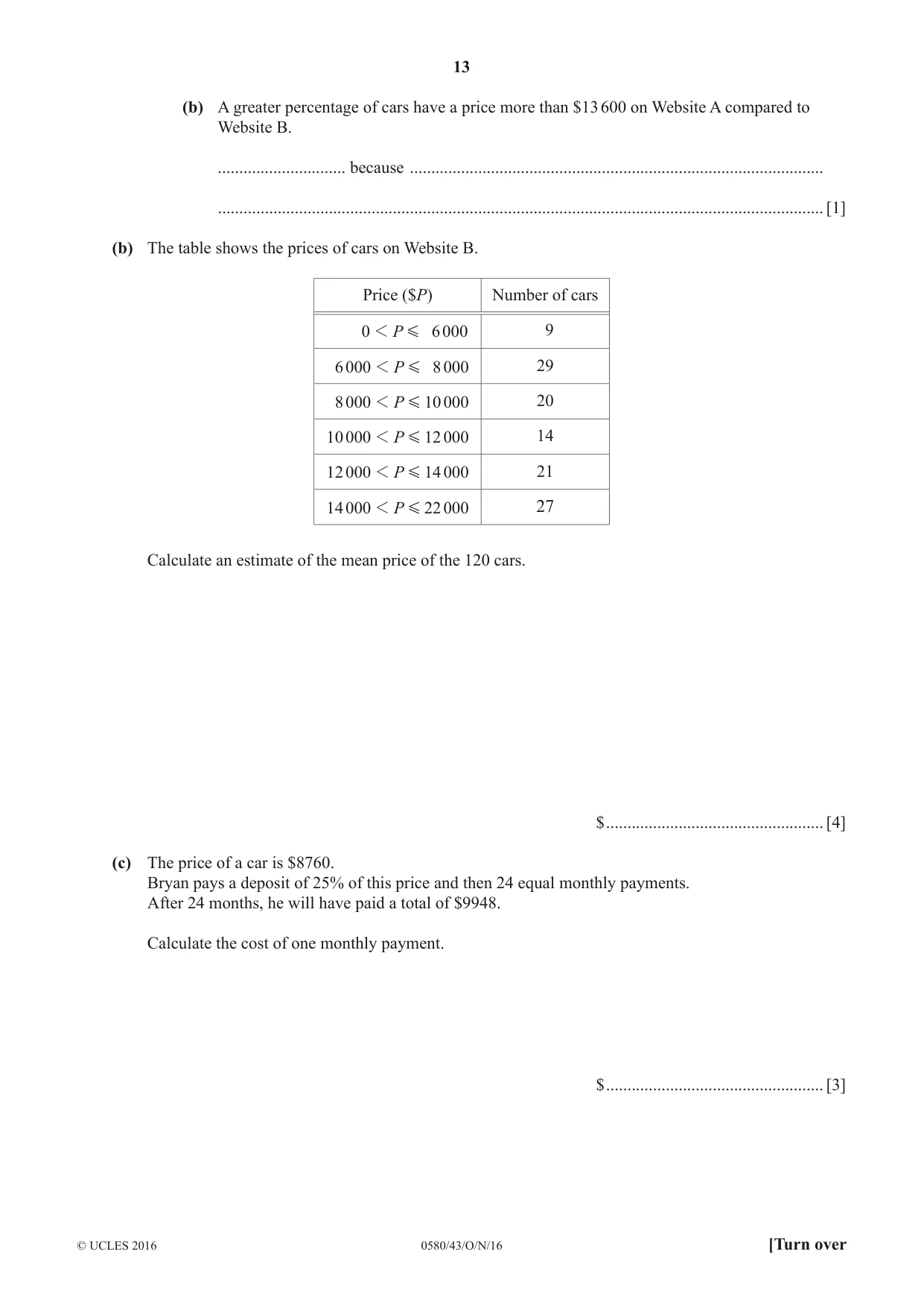 Cambridge IGCSE Mathematics 0580 2016 Oct/Nov Paper 4 · Variant 3 question paper, page 13 of 20
