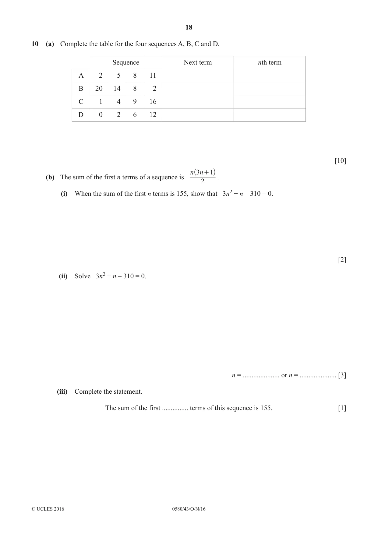 Cambridge IGCSE Mathematics 0580 2016 Oct/Nov Paper 4 · Variant 3 question paper, page 18 of 20