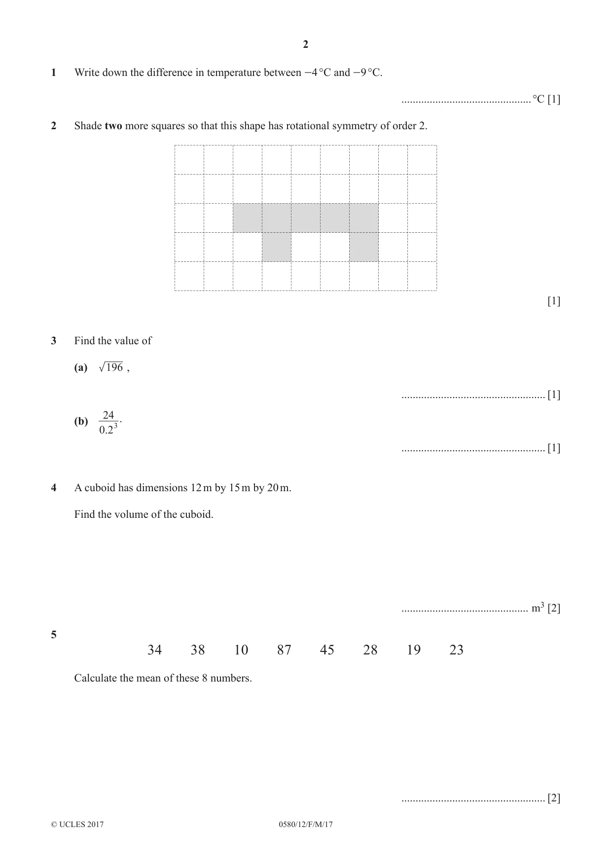 Cambridge IGCSE Mathematics 0580 2017 Feb/March Paper 1 · Variant 2 question paper, page 2 of 12