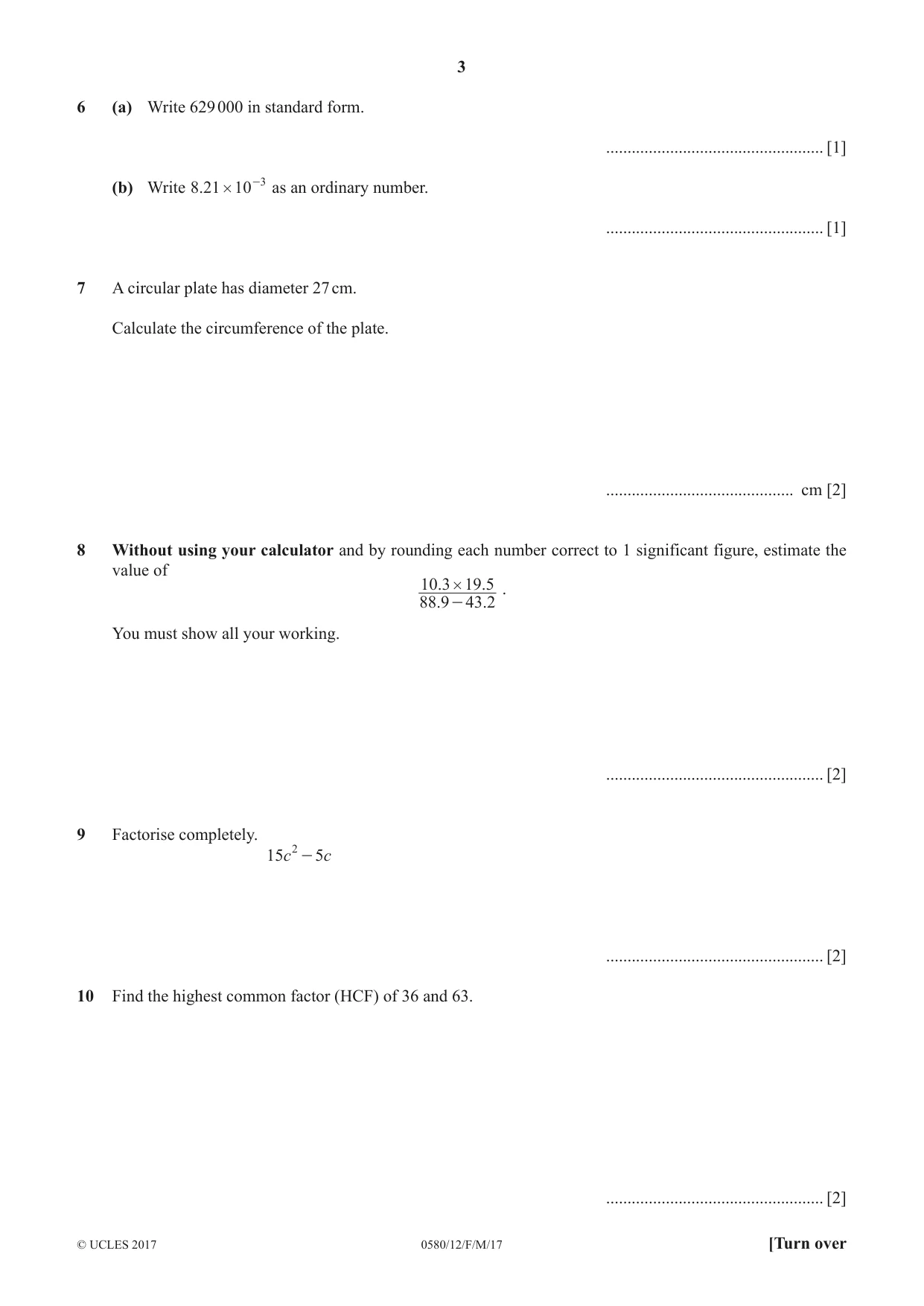 Cambridge IGCSE Mathematics 0580 2017 Feb/March Paper 1 · Variant 2 question paper, page 3 of 12