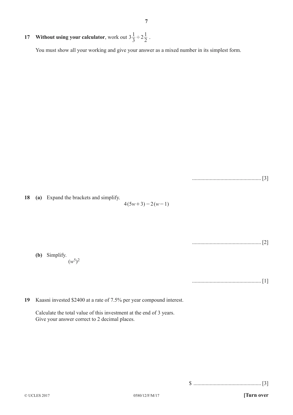 Cambridge IGCSE Mathematics 0580 2017 Feb/March Paper 1 · Variant 2 question paper, page 7 of 12