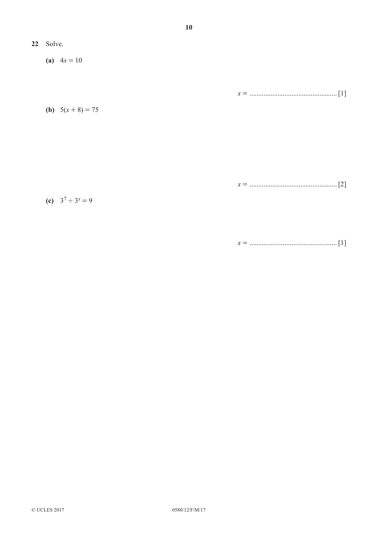 Cambridge IGCSE Mathematics 0580 2017 Feb/March Paper 1 · Variant 2 question paper, page 10 of 12