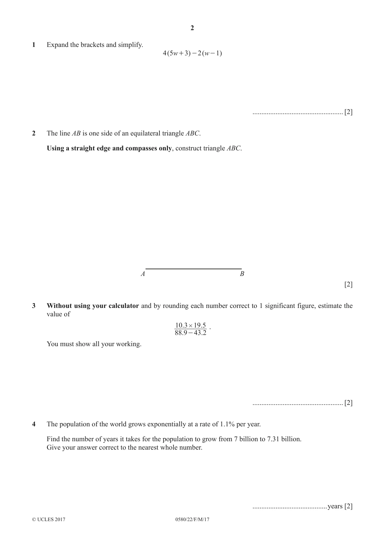 Cambridge IGCSE Mathematics 0580 2017 Feb/March Paper 2 · Variant 2 question paper, page 2 of 12