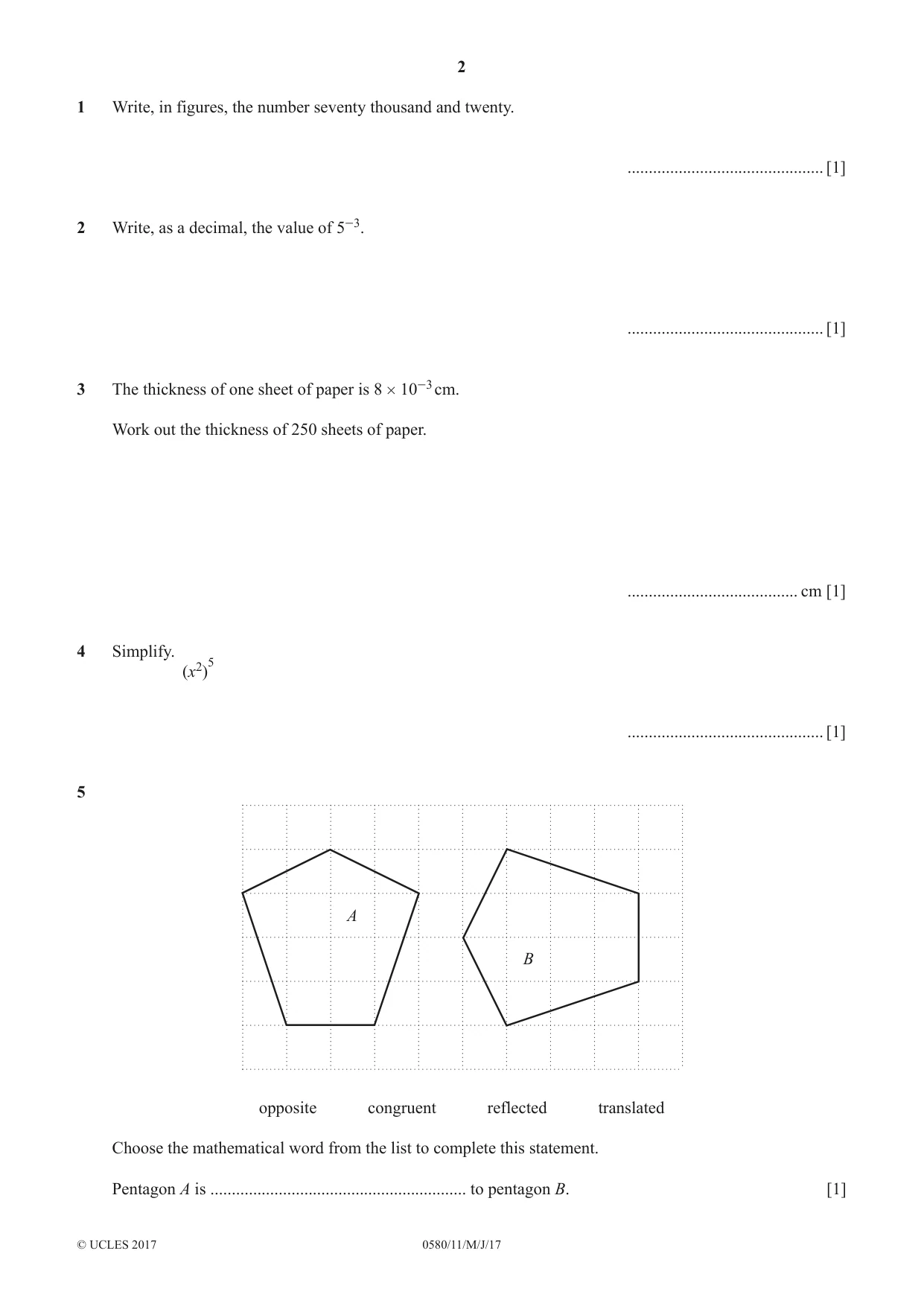 Cambridge IGCSE Mathematics 0580 2017 May/June Paper 1 · Variant 1 question paper, page 2 of 12