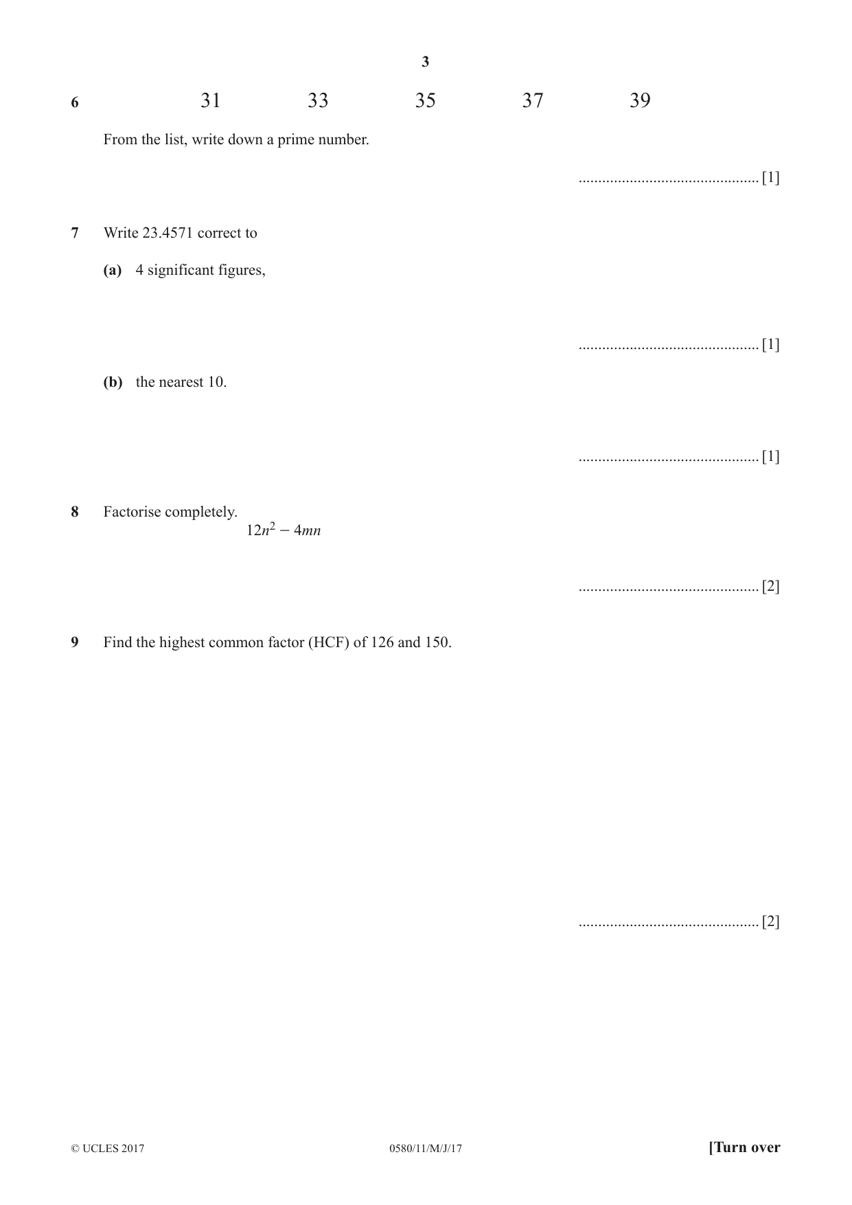 Cambridge IGCSE Mathematics 0580 2017 May/June Paper 1 · Variant 1 question paper, page 3 of 12