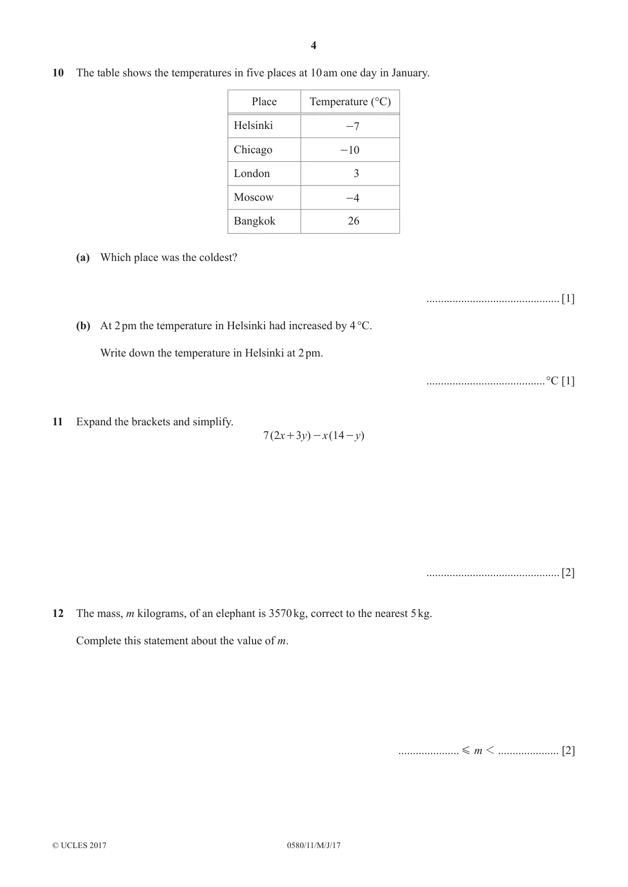 Cambridge IGCSE Mathematics 0580 2017 May/June Paper 1 · Variant 1 question paper, page 4 of 12