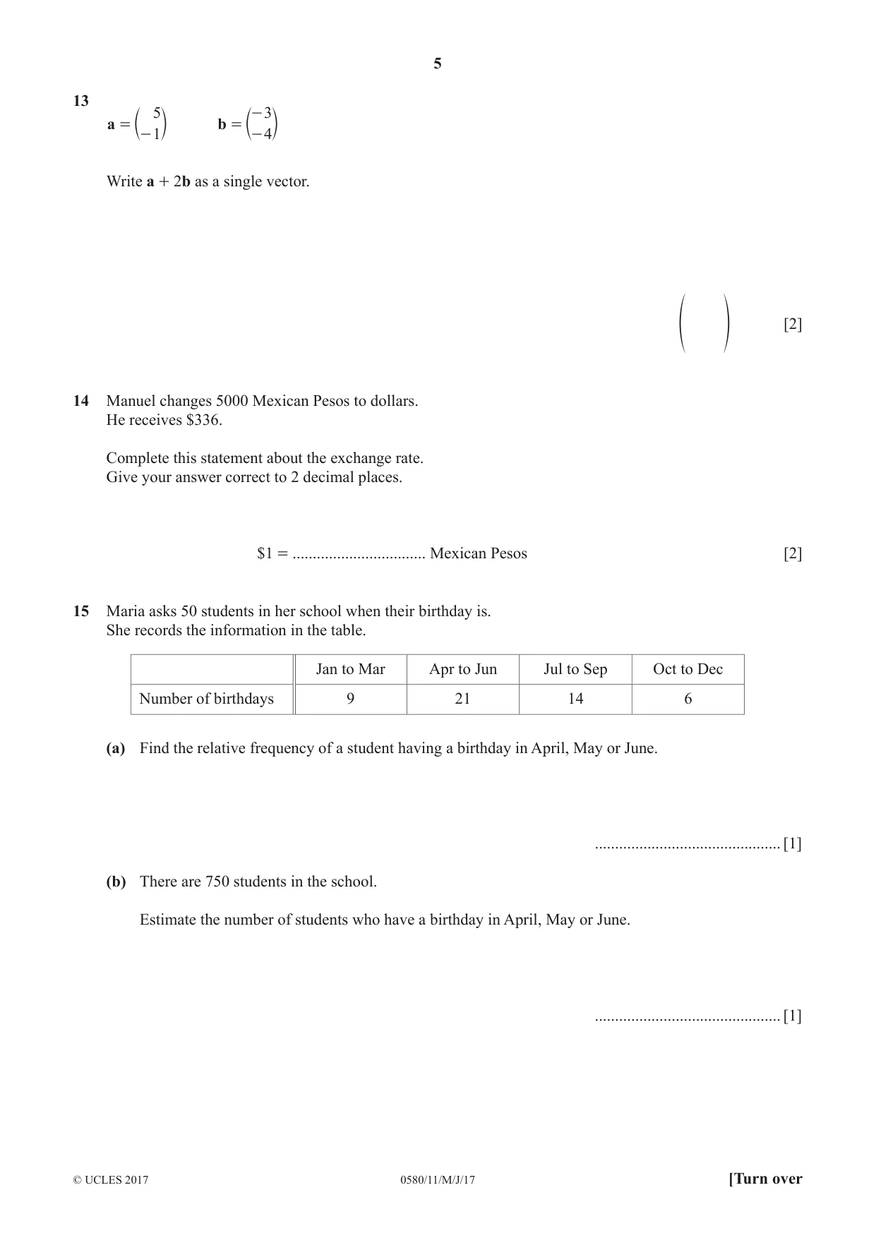 Cambridge IGCSE Mathematics 0580 2017 May/June Paper 1 · Variant 1 question paper, page 5 of 12