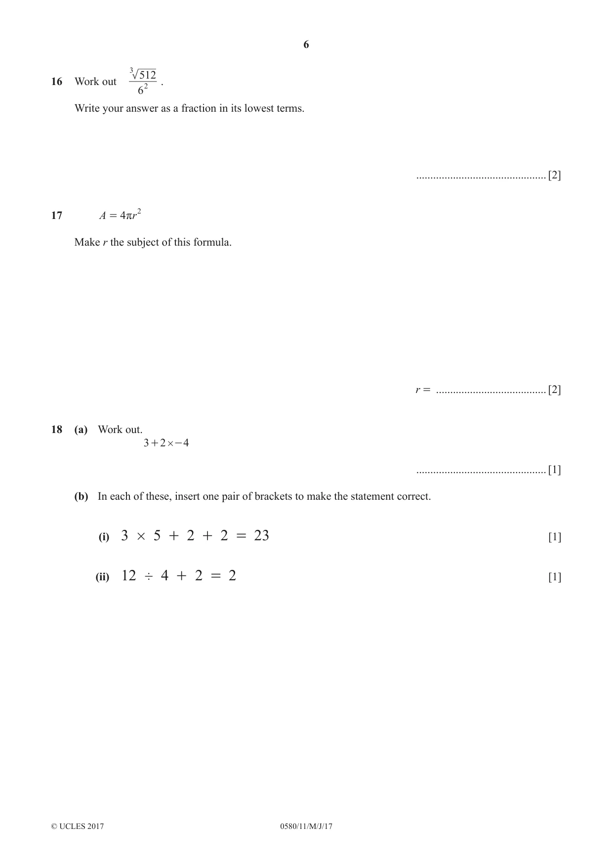 Cambridge IGCSE Mathematics 0580 2017 May/June Paper 1 · Variant 1 question paper, page 6 of 12