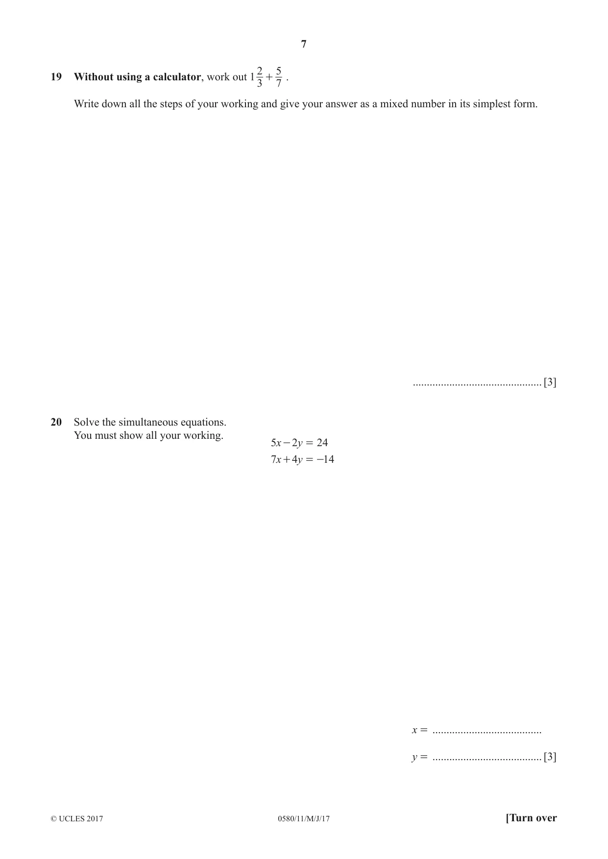 Cambridge IGCSE Mathematics 0580 2017 May/June Paper 1 · Variant 1 question paper, page 7 of 12