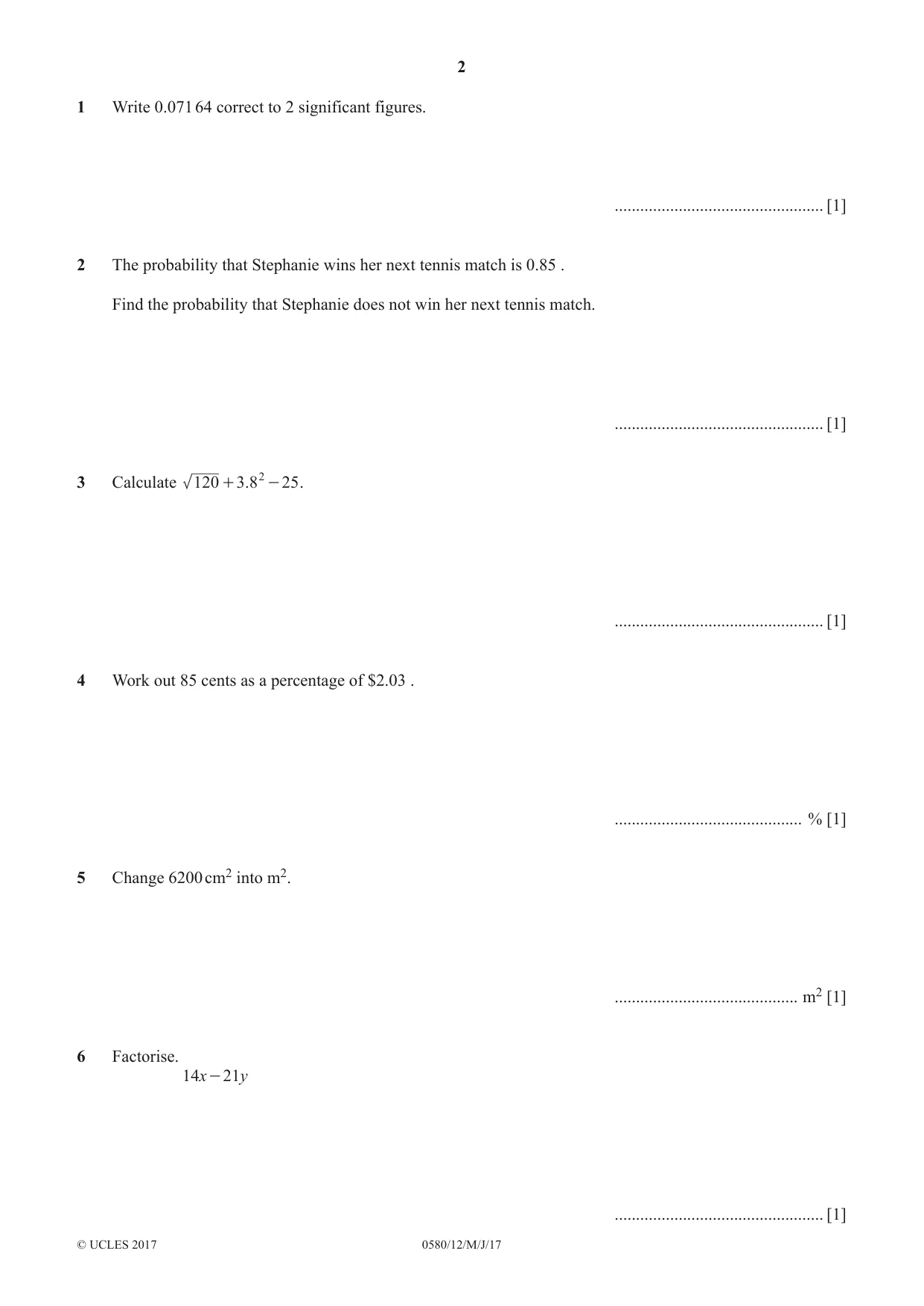 Cambridge IGCSE Mathematics 0580 2017 May/June Paper 1 · Variant 2 question paper, page 2 of 12