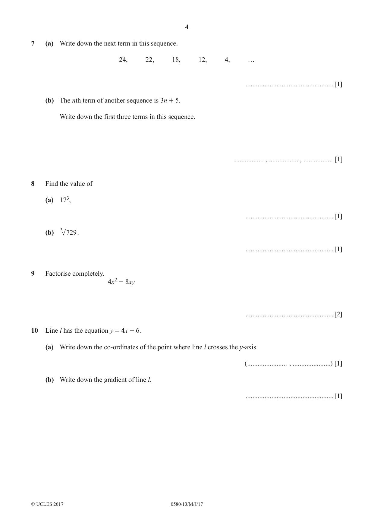 Cambridge IGCSE Mathematics 0580 2017 May/June Paper 1 · Variant 3 question paper, page 4 of 12