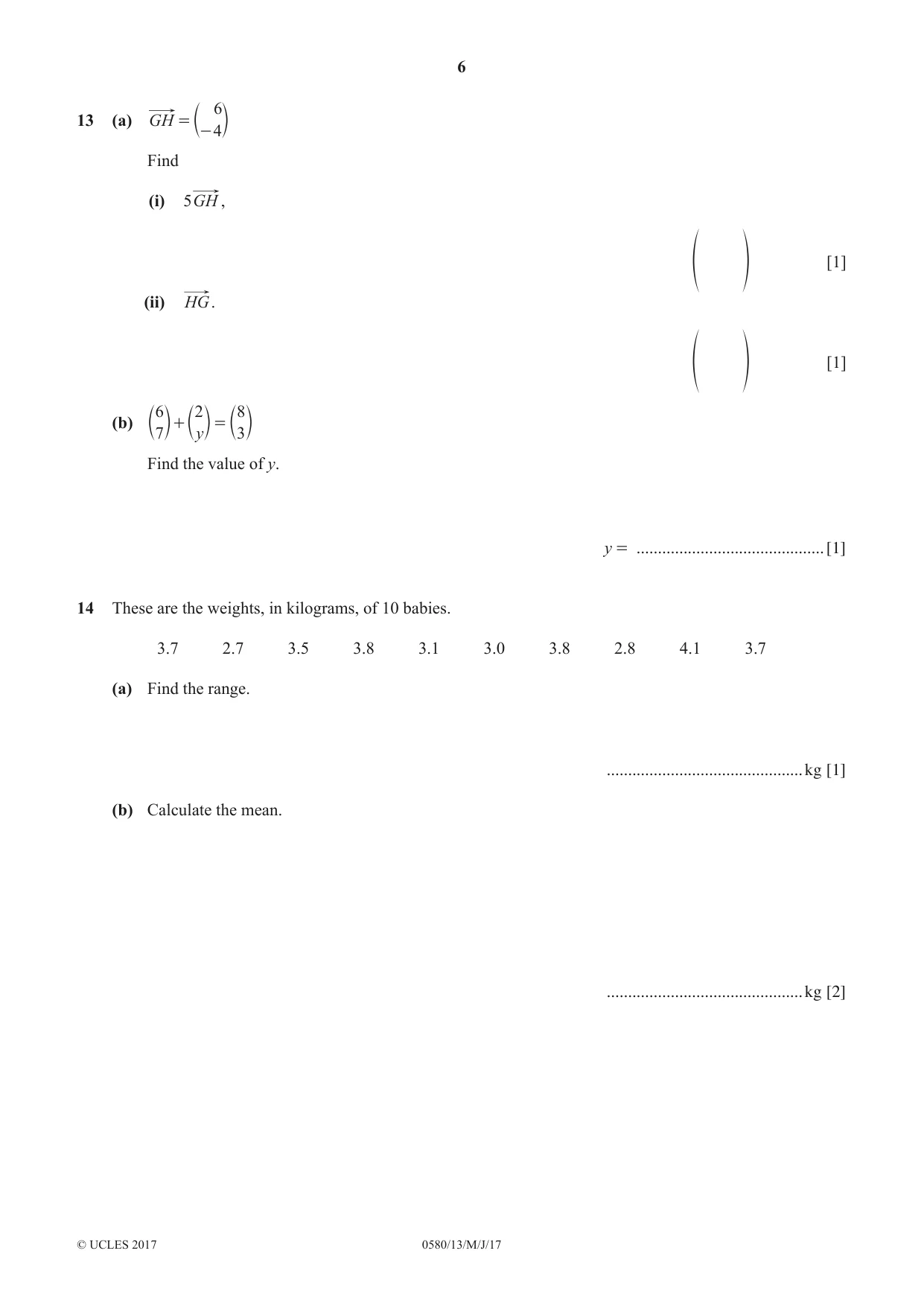 Cambridge IGCSE Mathematics 0580 2017 May/June Paper 1 · Variant 3 question paper, page 6 of 12