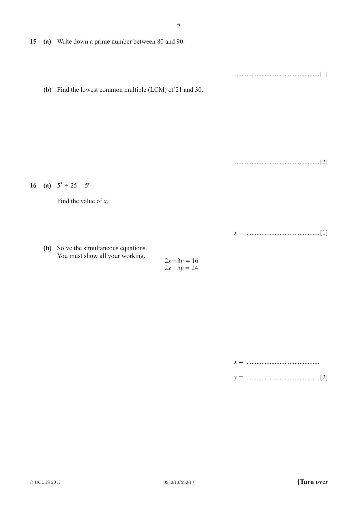 Cambridge IGCSE Mathematics 0580 2017 May/June Paper 1 · Variant 3 question paper, page 7 of 12