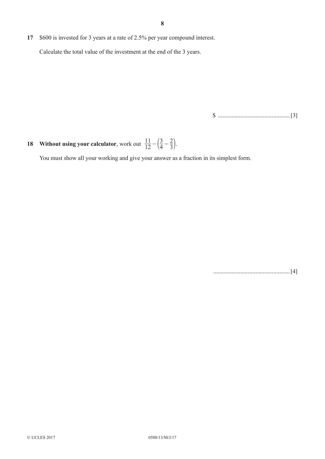 Cambridge IGCSE Mathematics 0580 2017 May/June Paper 1 · Variant 3 question paper, page 8 of 12