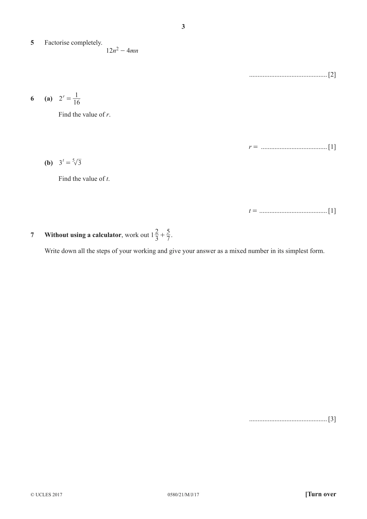 Cambridge IGCSE Mathematics 0580 2017 May/June Paper 2 · Variant 1 question paper, page 3 of 16