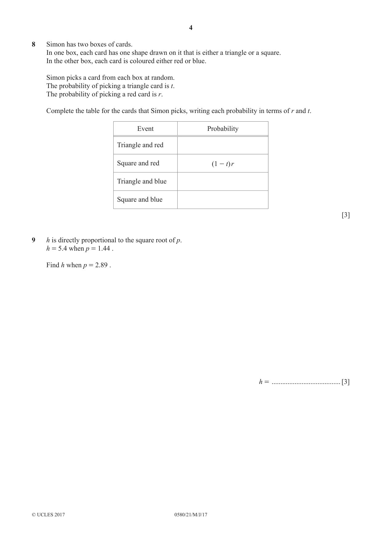 Cambridge IGCSE Mathematics 0580 2017 May/June Paper 2 · Variant 1 question paper, page 4 of 16