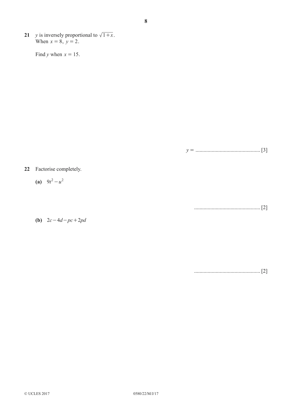 Cambridge IGCSE Mathematics 0580 2017 May/June Paper 2 · Variant 2 question paper, page 8 of 12